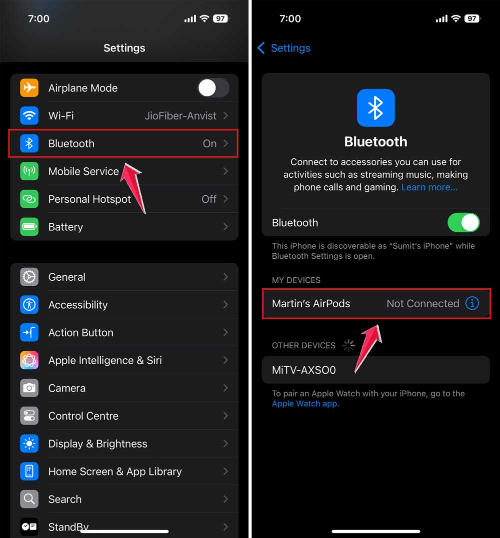 go to bluetooth and then tap on airpods to connect in iphone