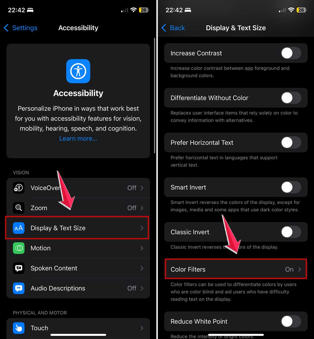 go to color filters in display and text size in iphone