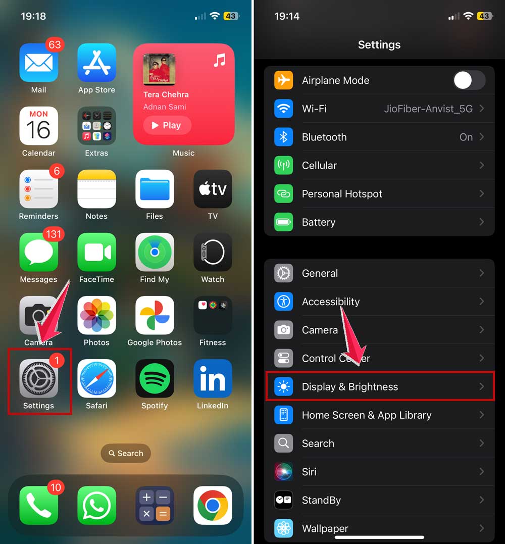 go to display & brightness in settings in iphone