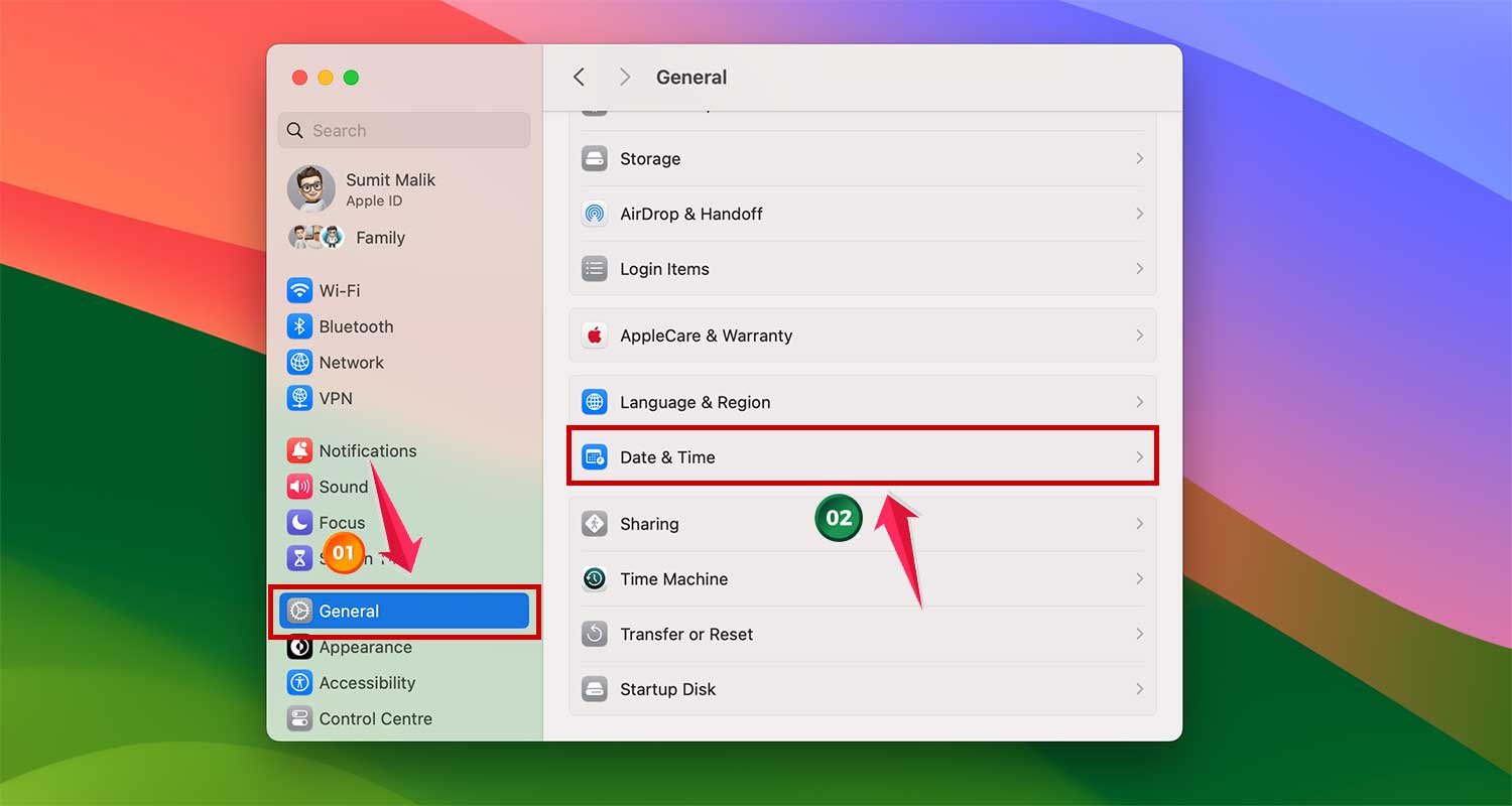 go to general and then date and time settings in mac xl