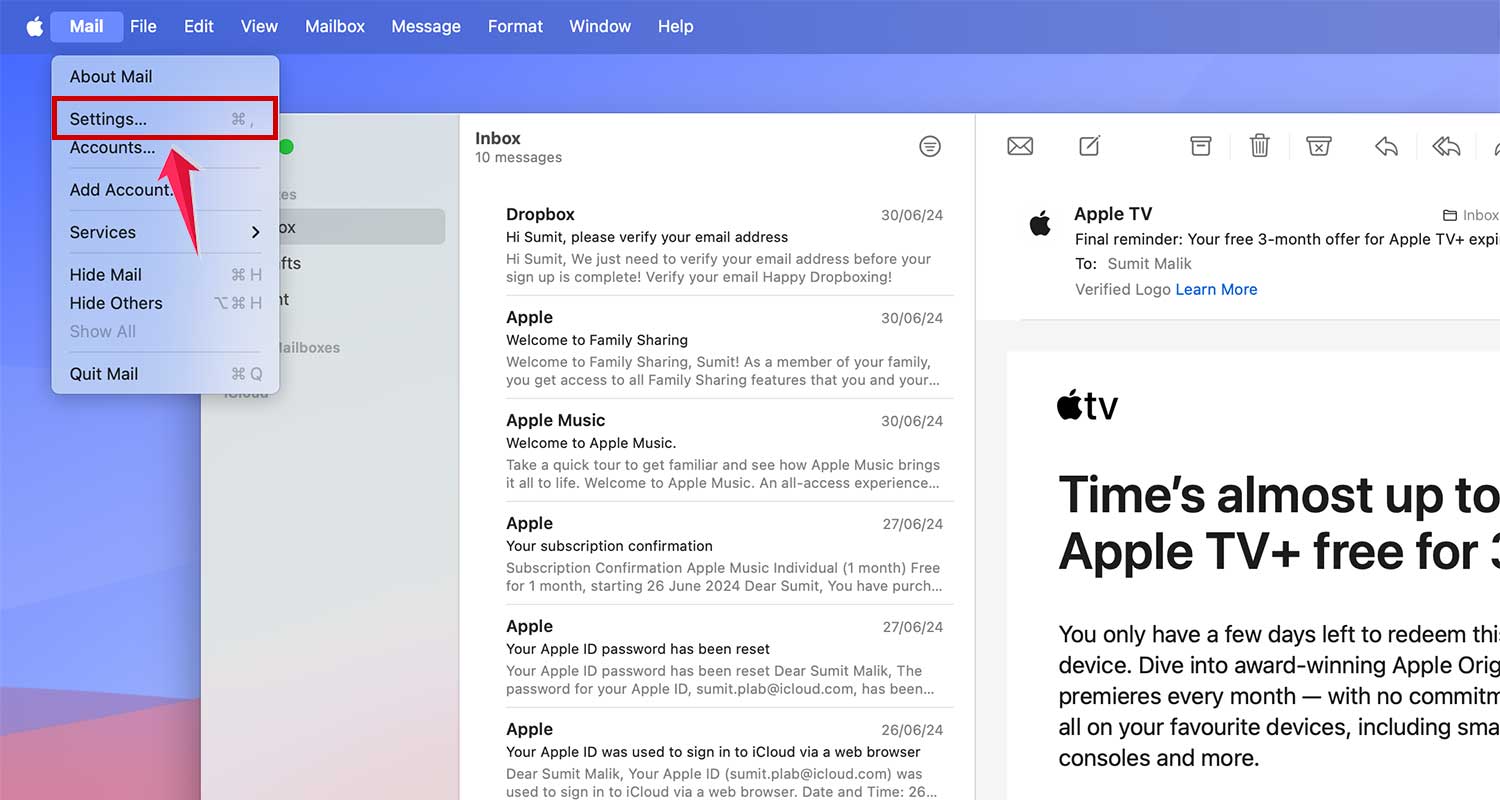 go to mail settings in mac xl