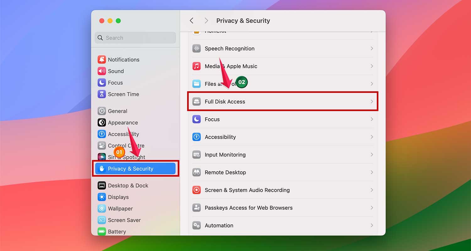 go to privacy and security and then full disk access in mac xl go to privacy and security and then full disk access in mac xl