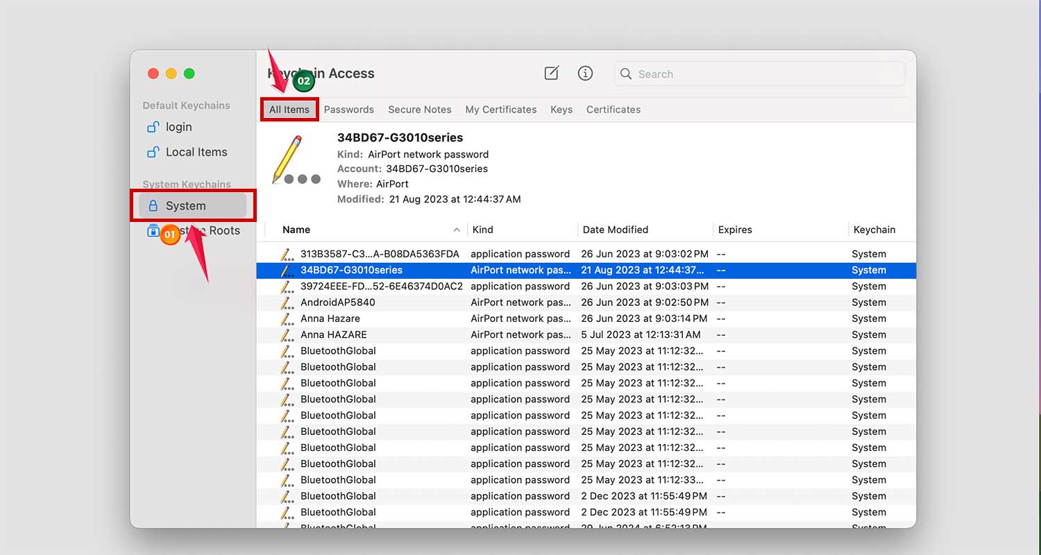 go to system and then all items in keychain access in mac xl