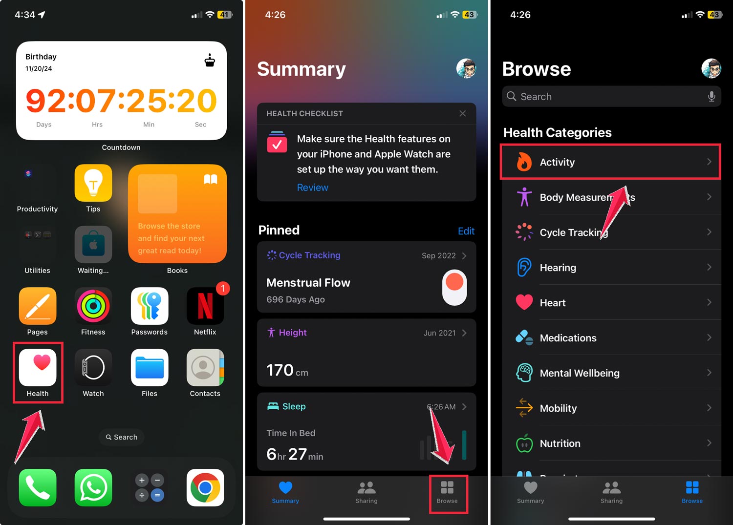 health then click on browser and tap activity