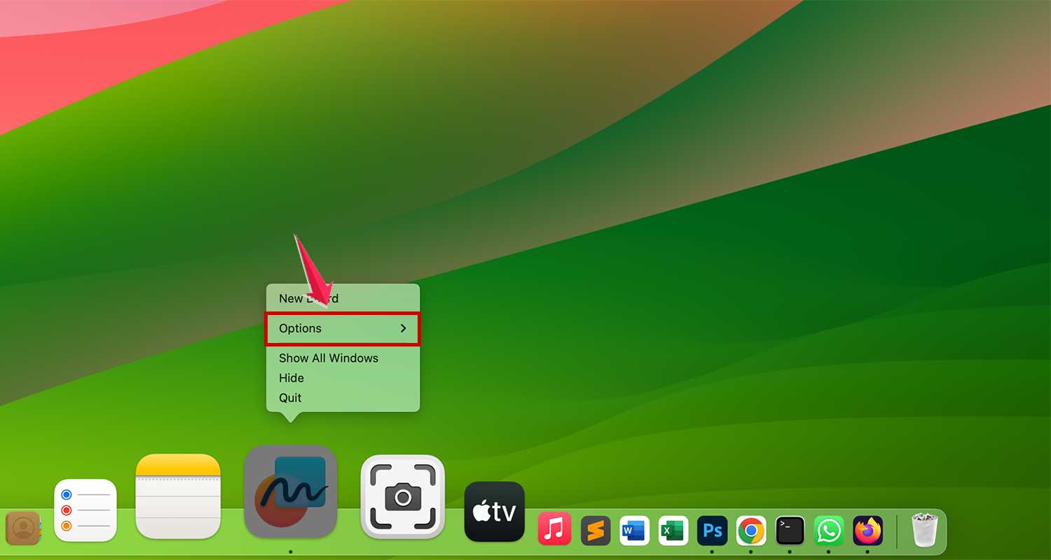 hover over options of app in dock in mac xl