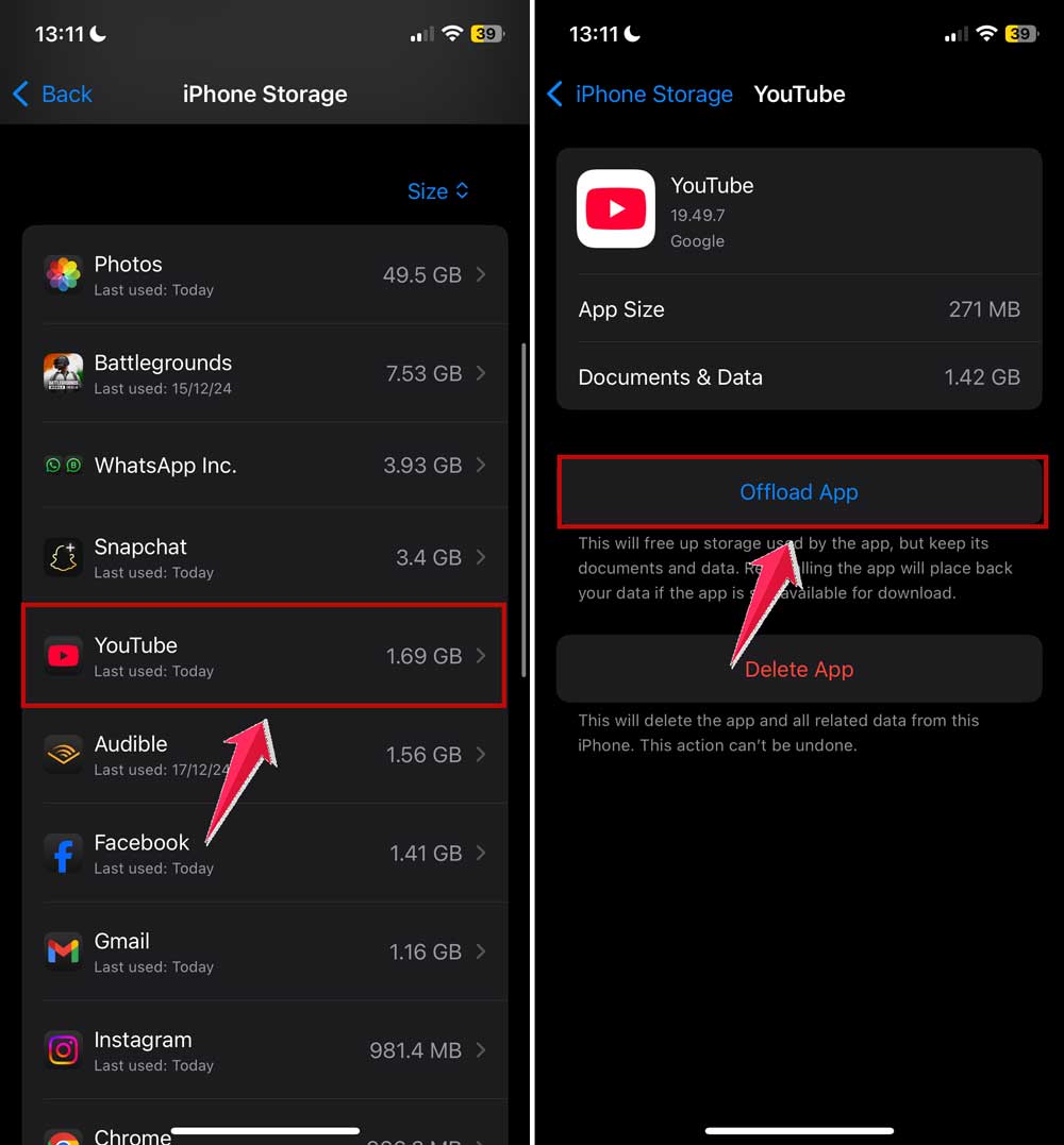 offload youtube in iphone storage in settings in iphone