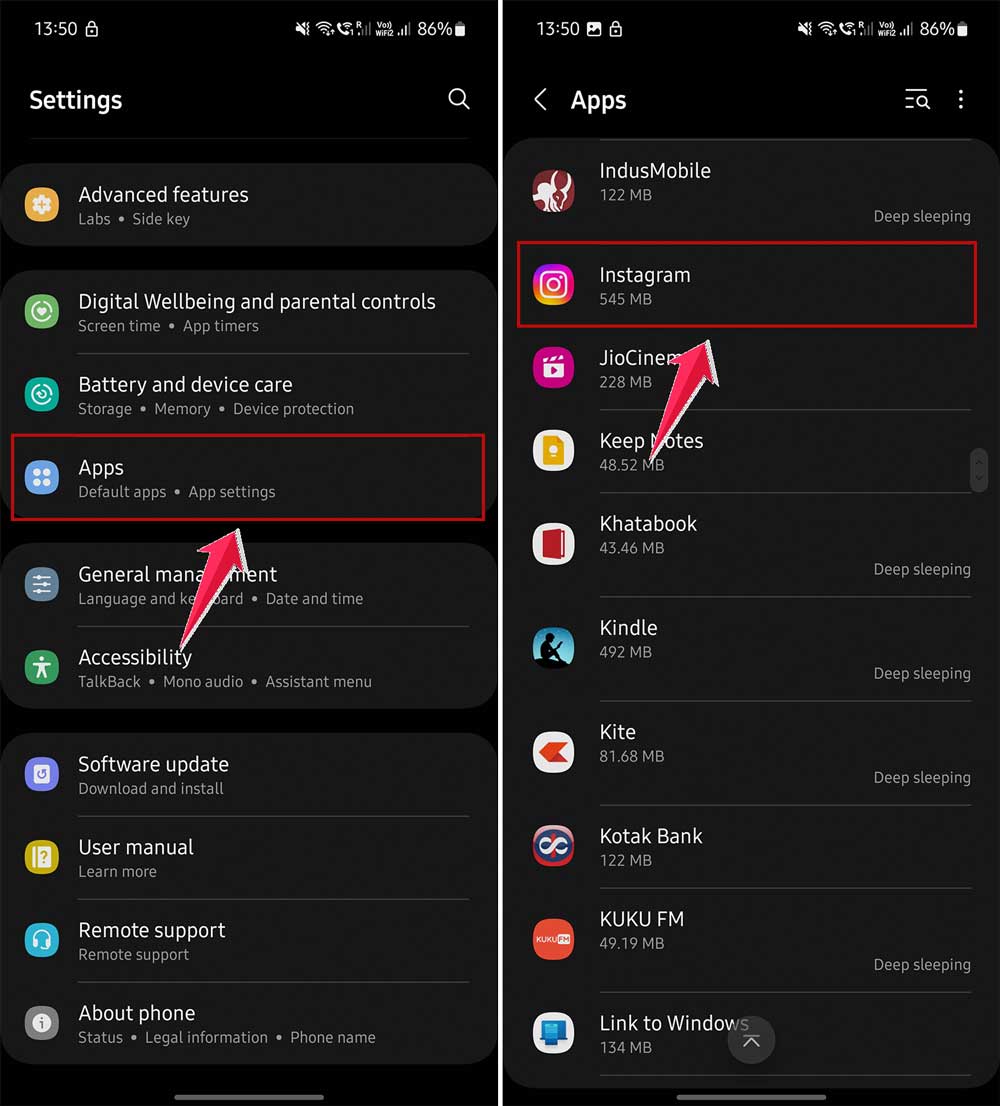 open apps and then instagram in settings in android