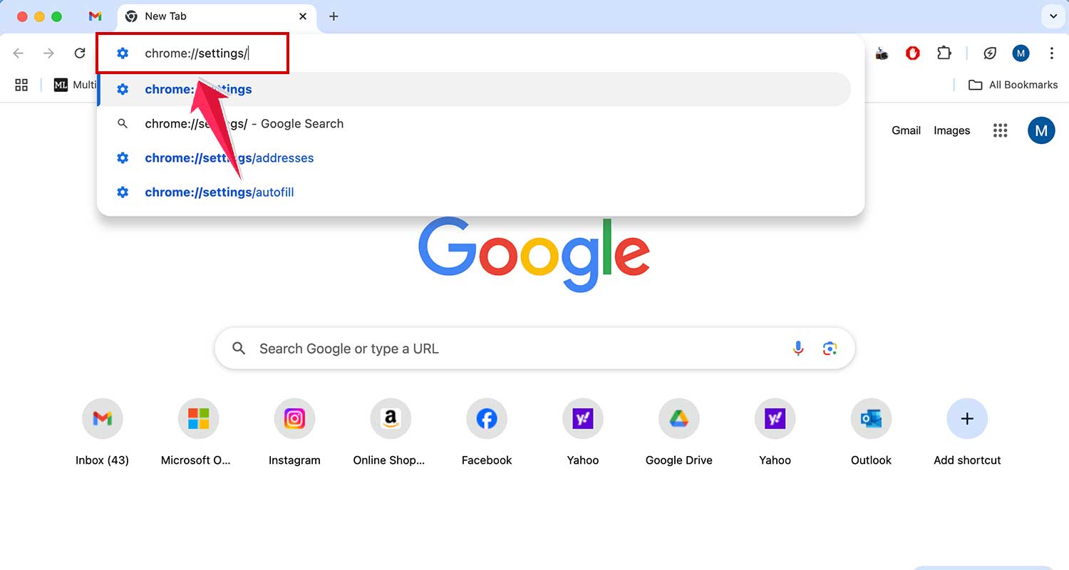 open chrome settings through search bar