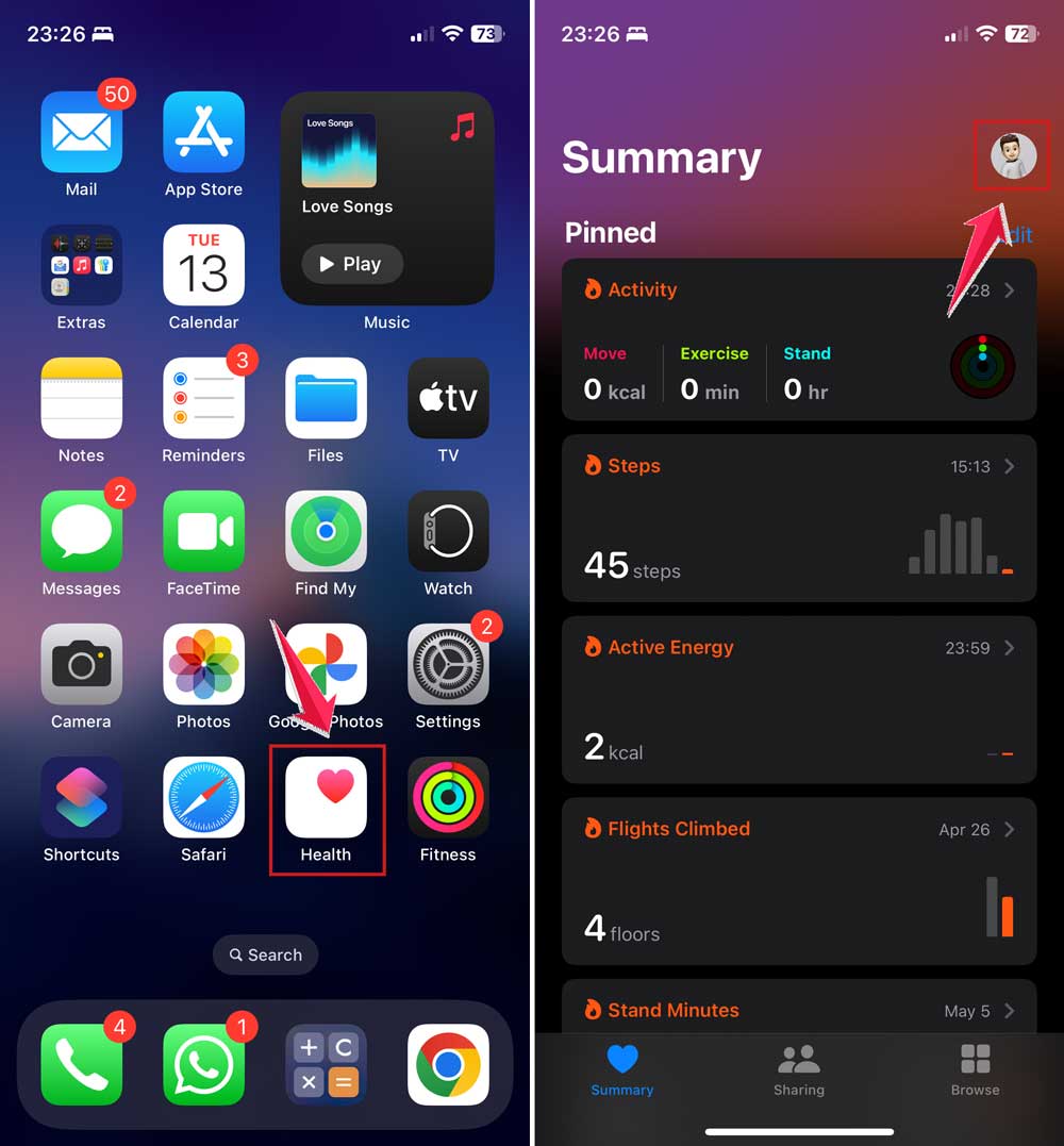 open health app and click on profile picture in iphone