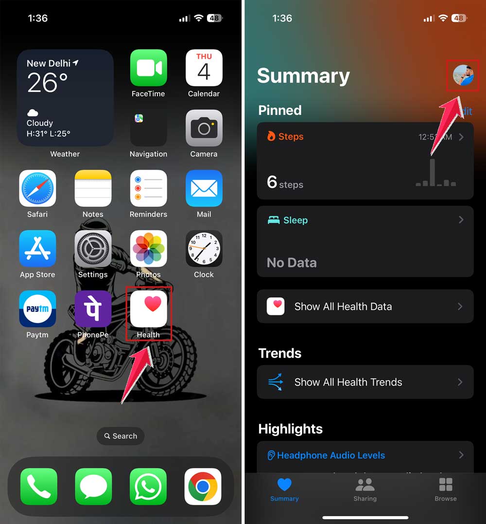 open health app and tap on your profile in iphone