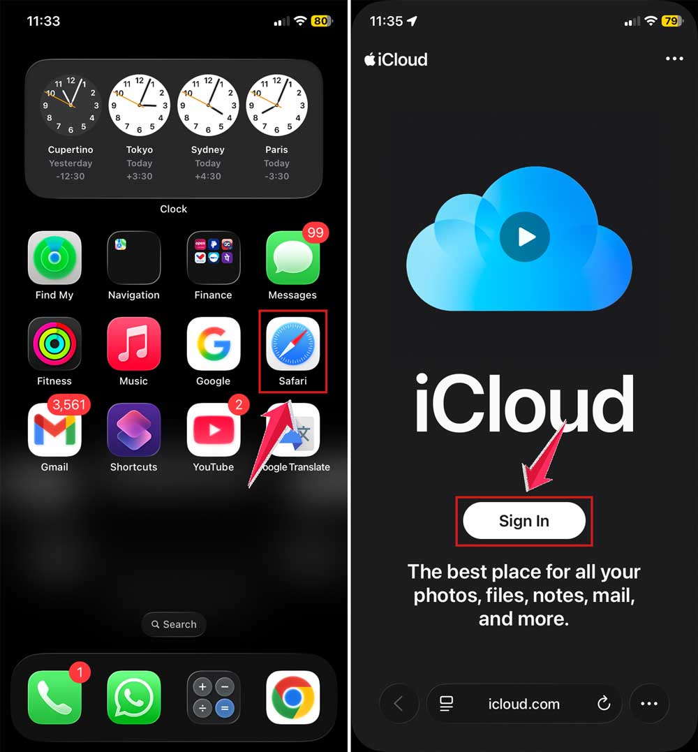 open safari and then sign in icloud in iphone