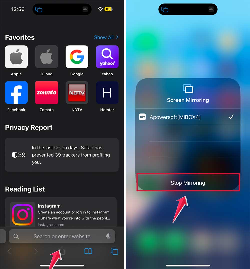 open safari then stop mirroring
