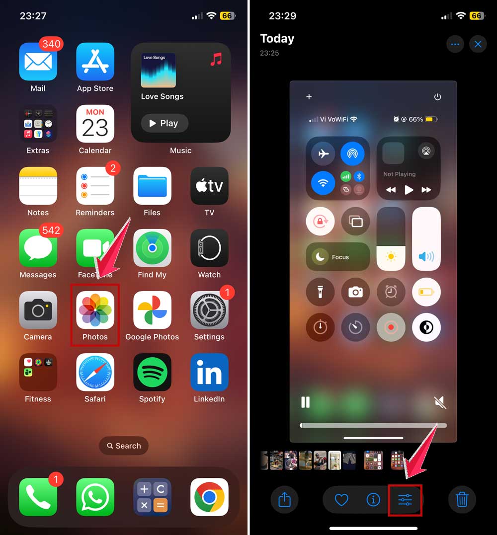 open screen recording and click on edit icon in photos app in iphone