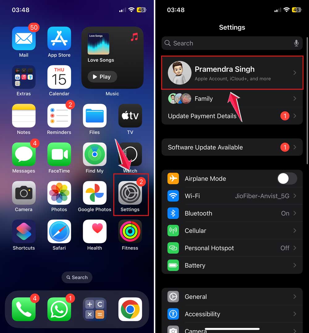 open settings and click on name in iphone