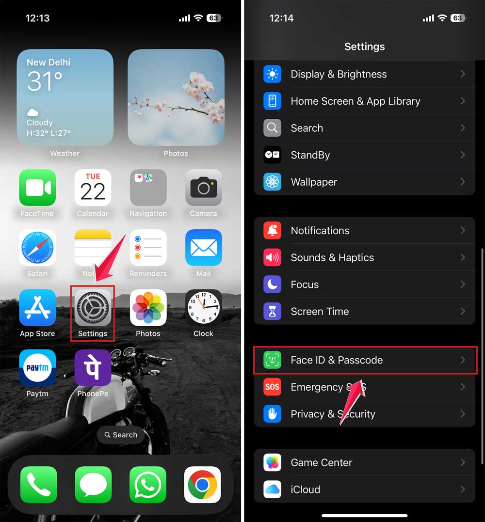 open settings and tap on face id passcode in iphone