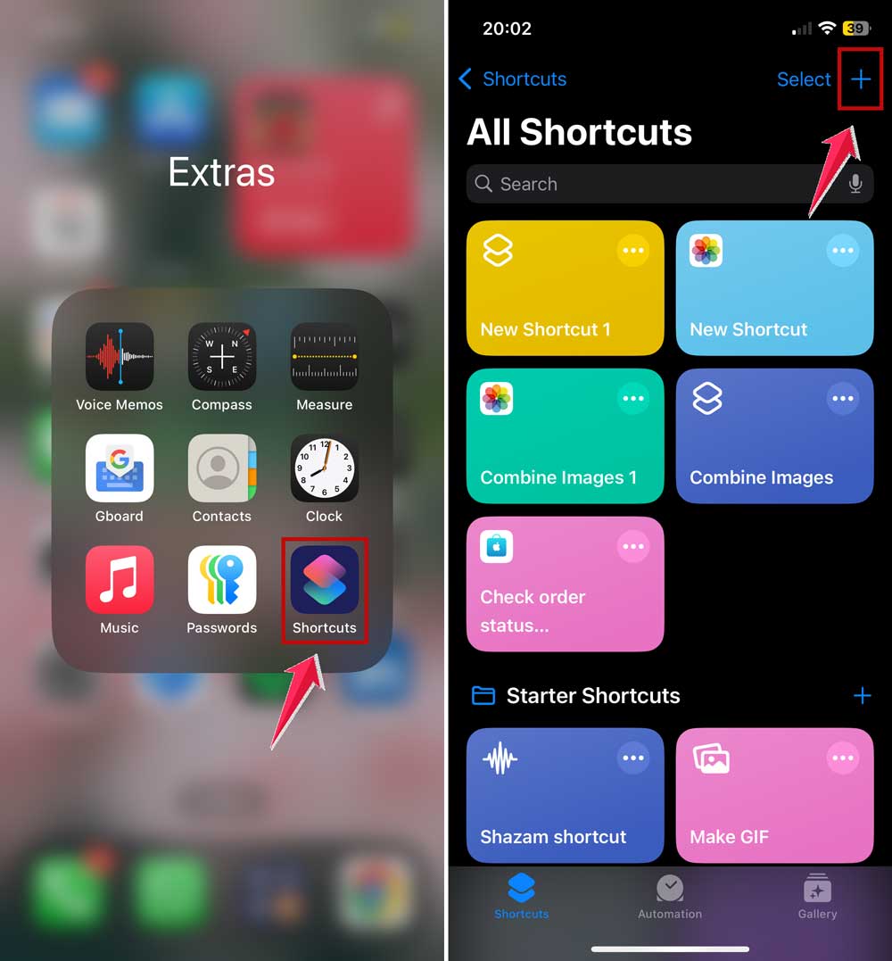 open shortcuts app and click on plus icon in iphone
