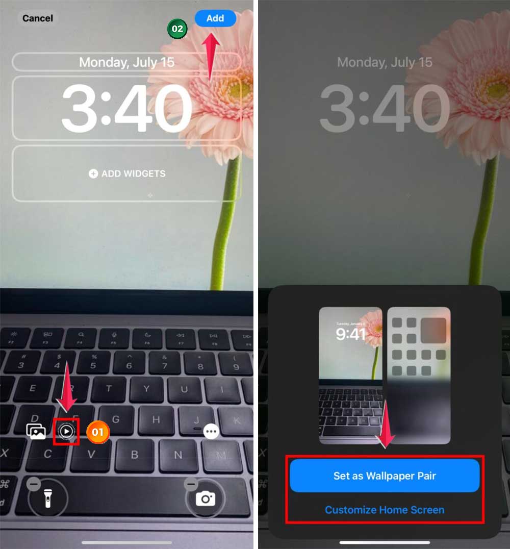play the live photo then click on add then set as wallpaper pair