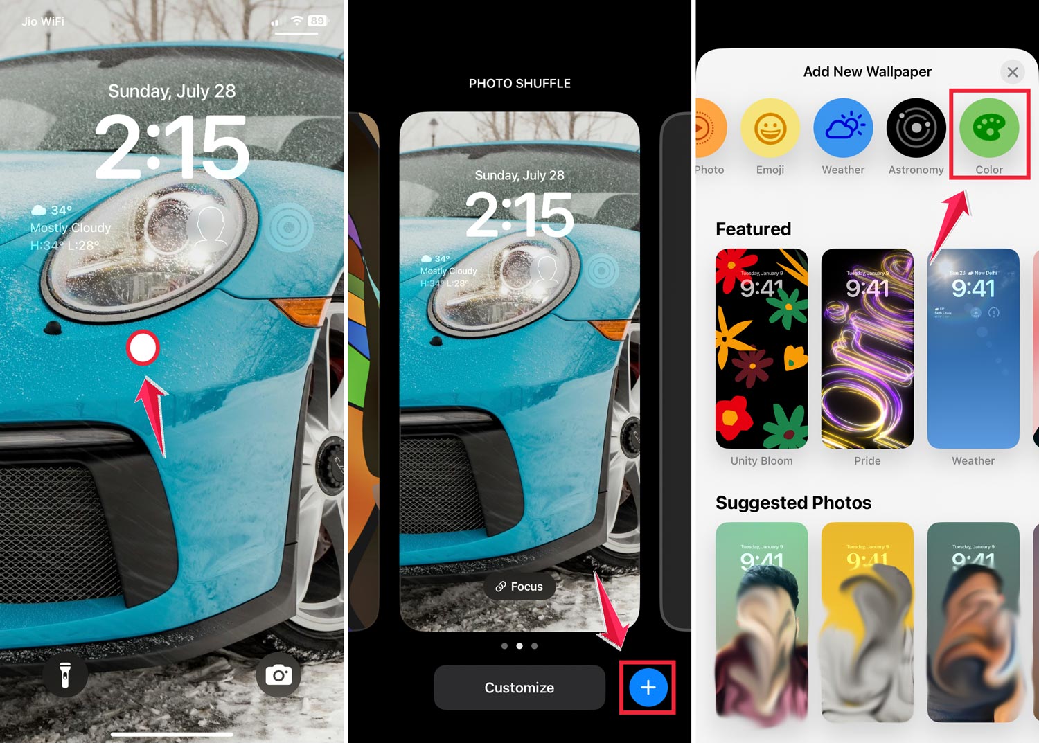 press and hold homescren then tap plus button and choose the color