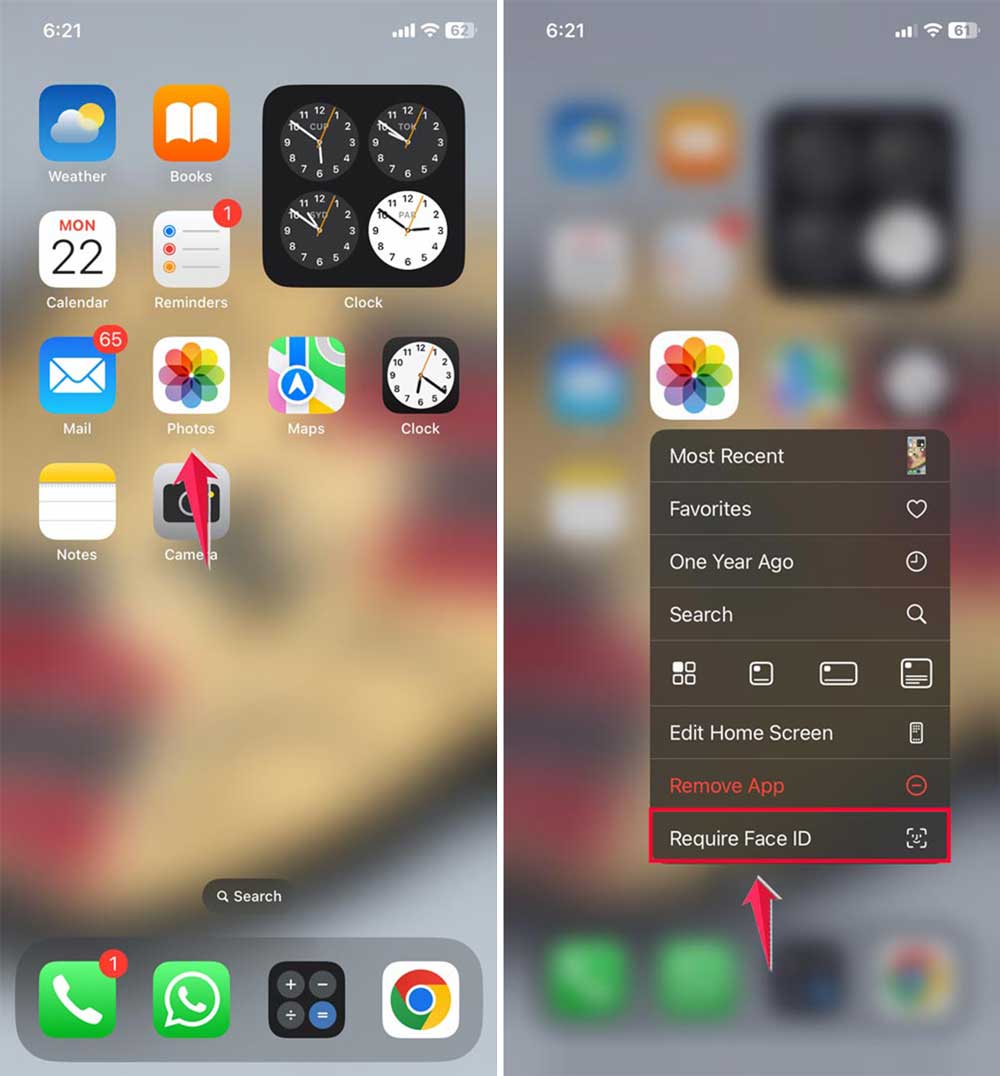 press and hold photo then tap on require face id