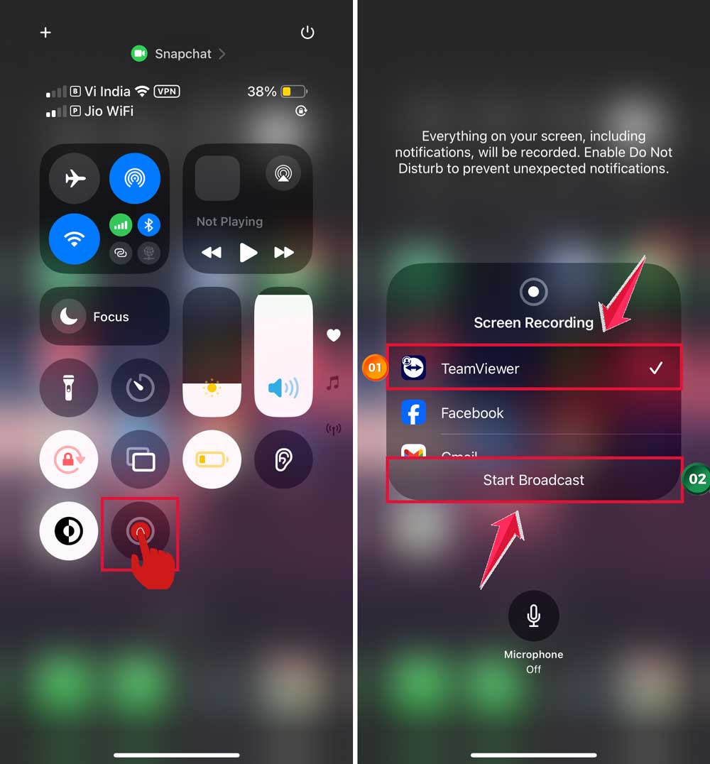 press and hold then choose the teamviewer then click on start broadcast