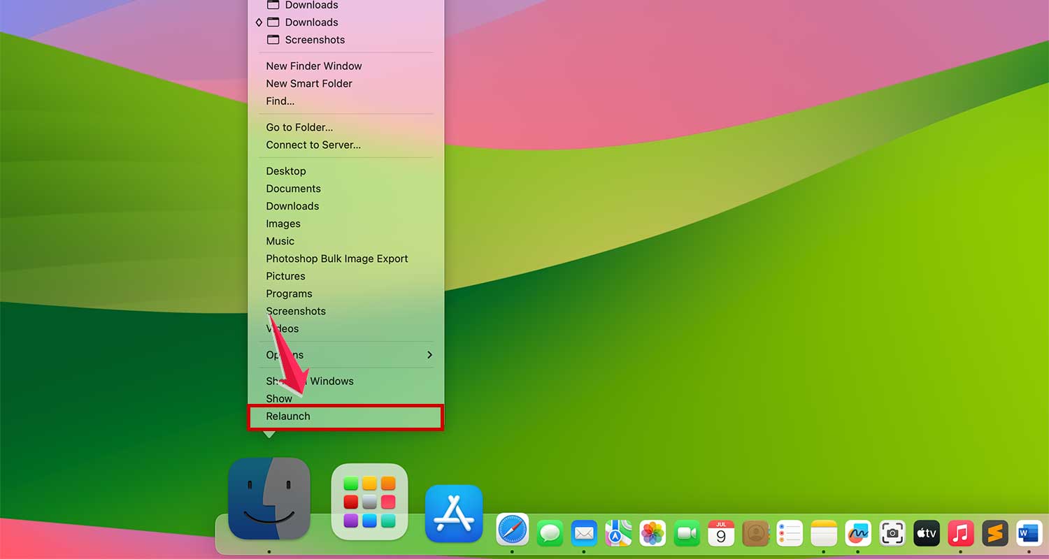 relaunch finder in dock in mac xl