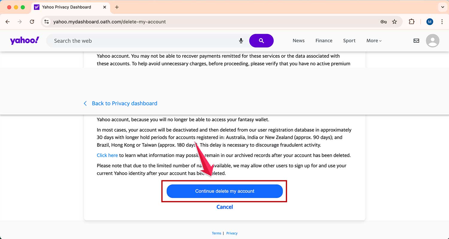 scroll down and click on continue delete my acoount in yahoo mail termination webpage in browser