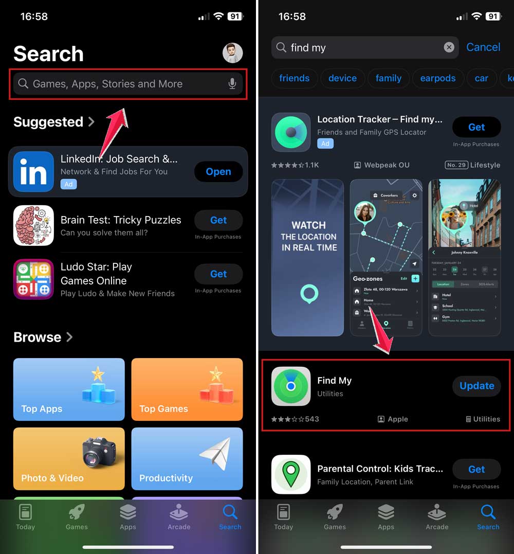 search and update find my in appstore