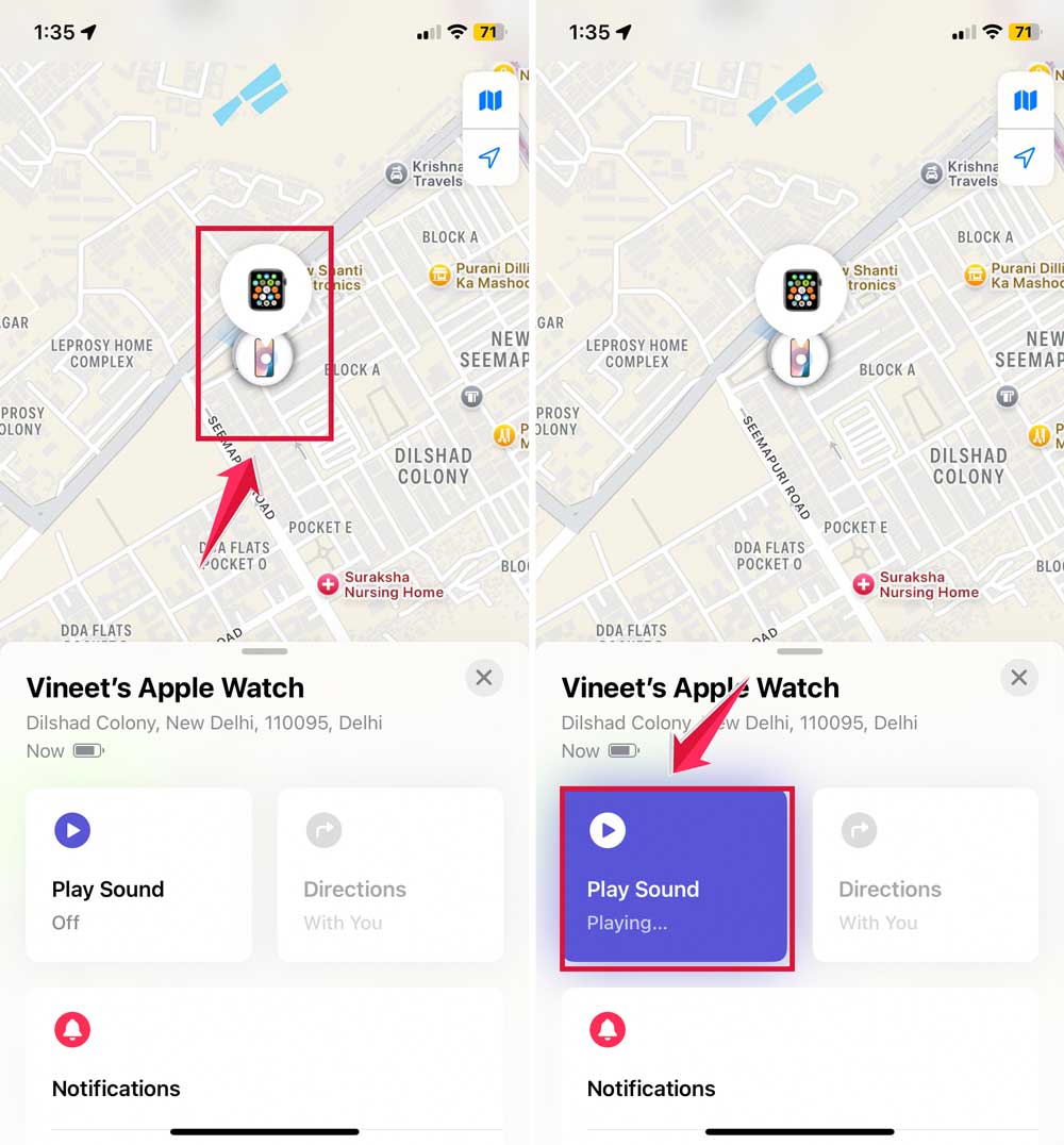 see the location then click on play sound