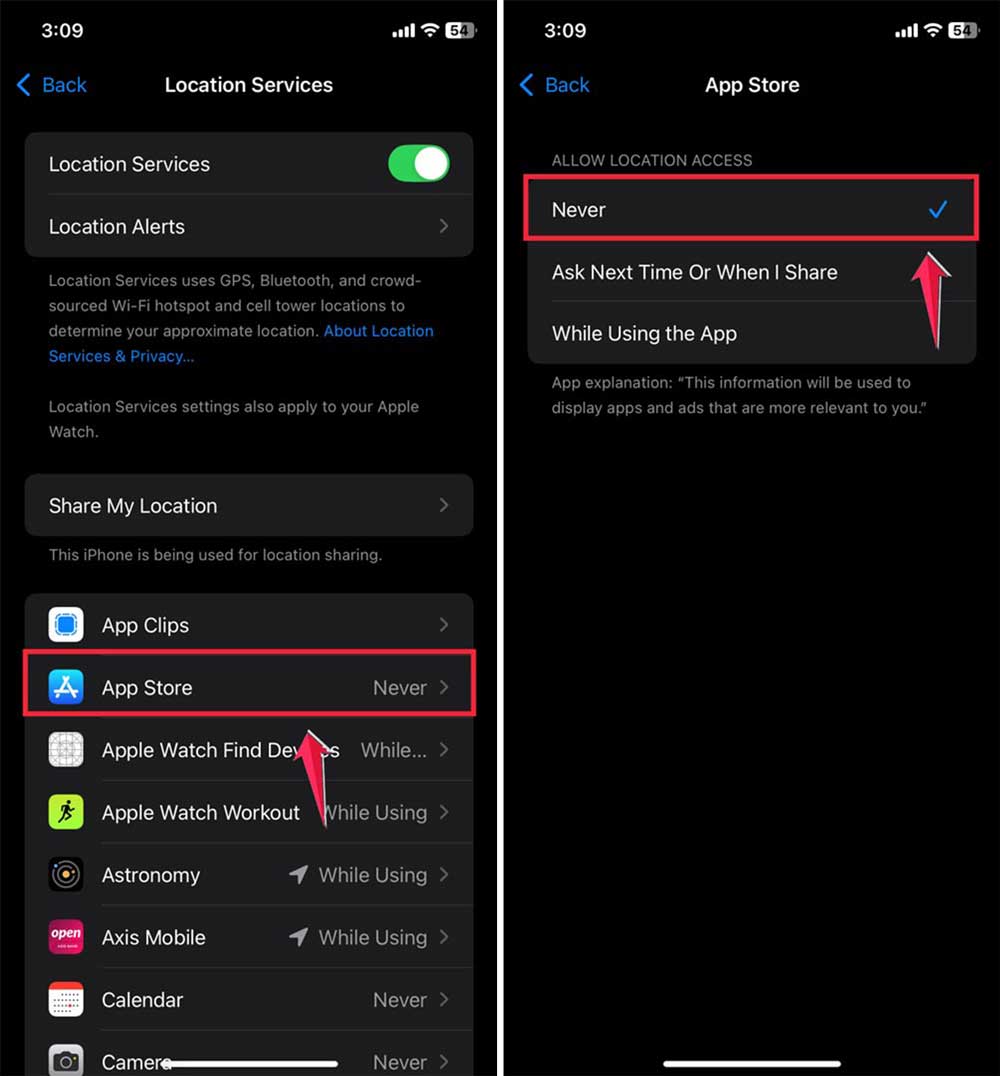 select the app store then set the never