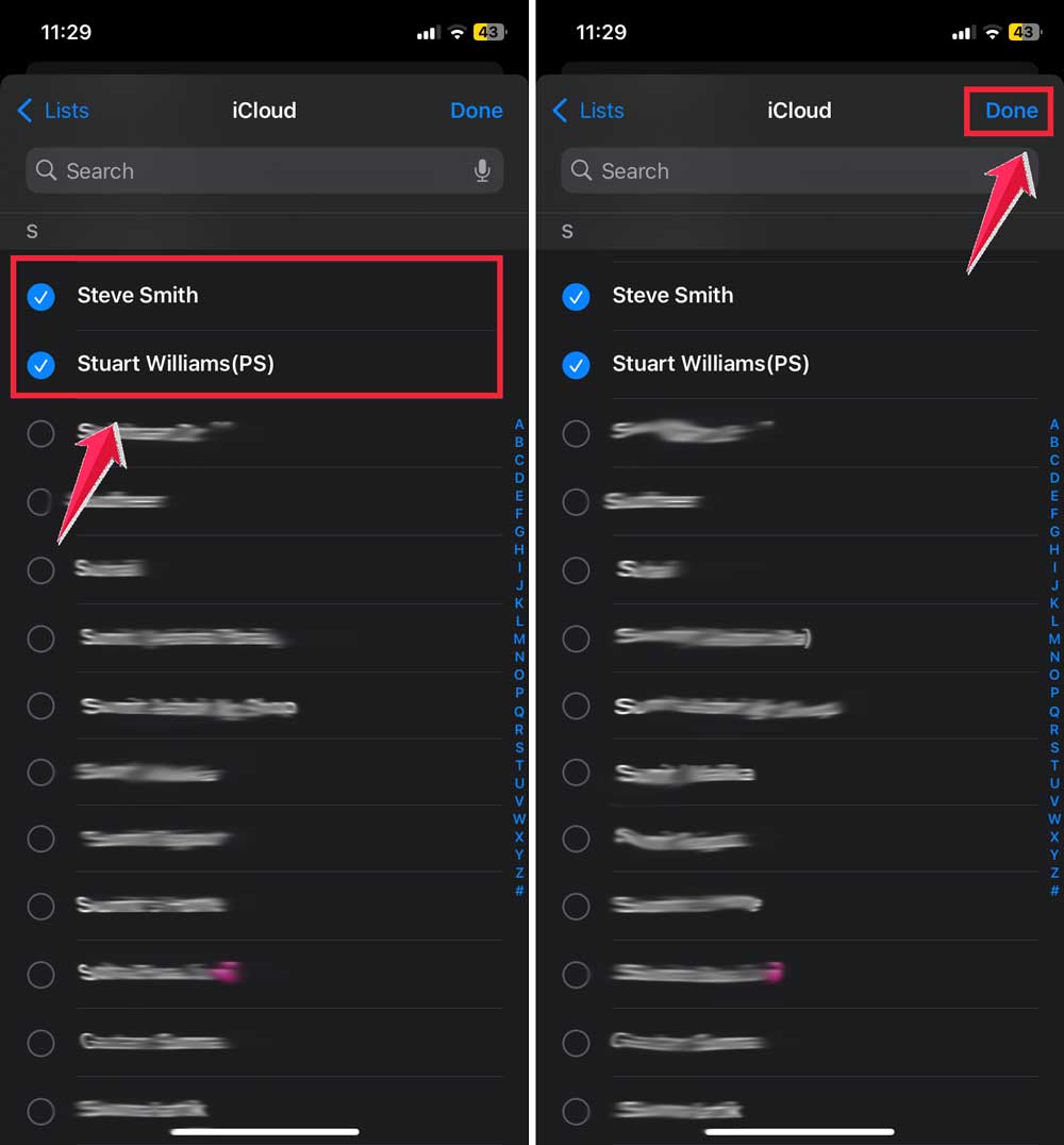 select the contact then click on done