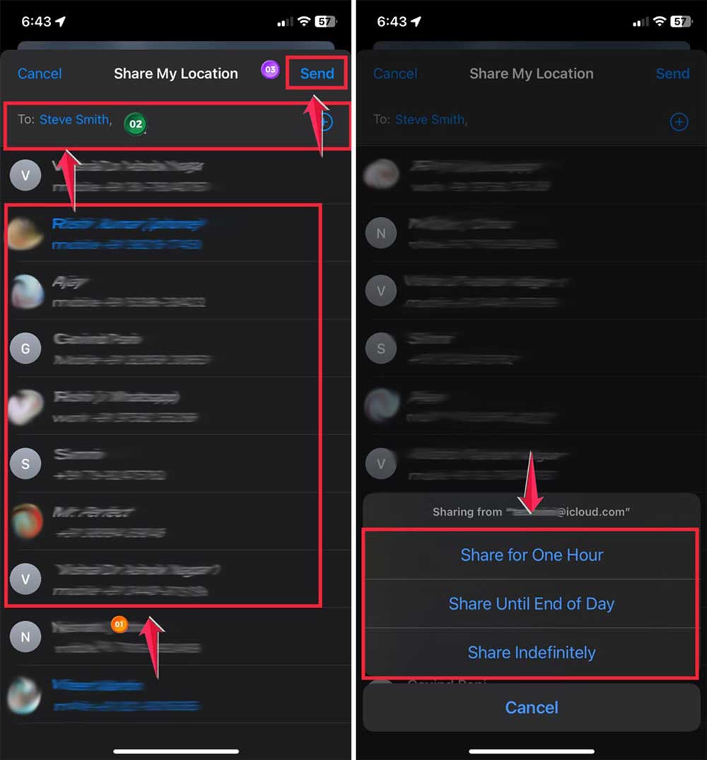 select the contact then tap on send then tap on share for one hour