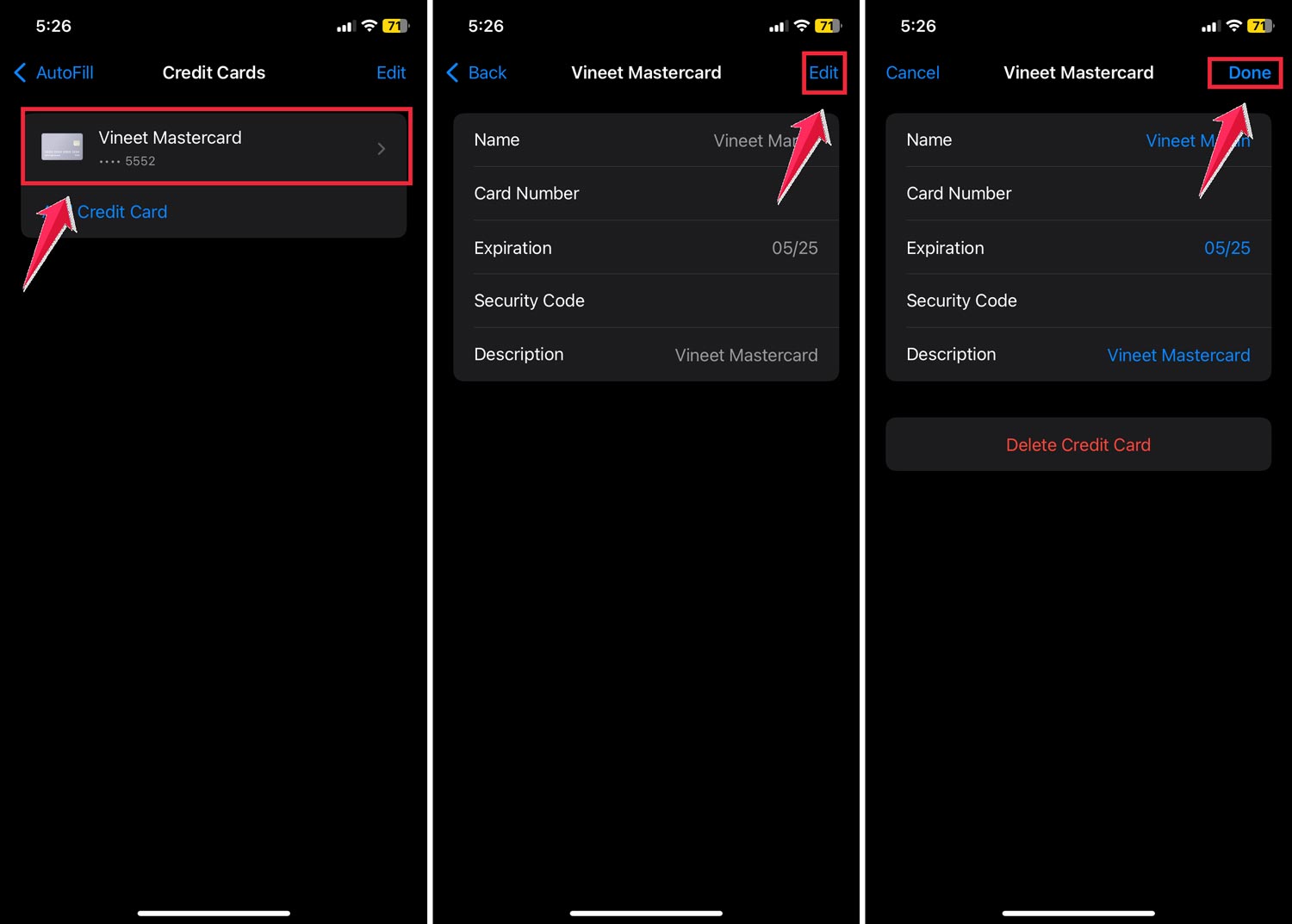 select the mastercard then tap on the edit button and tap done