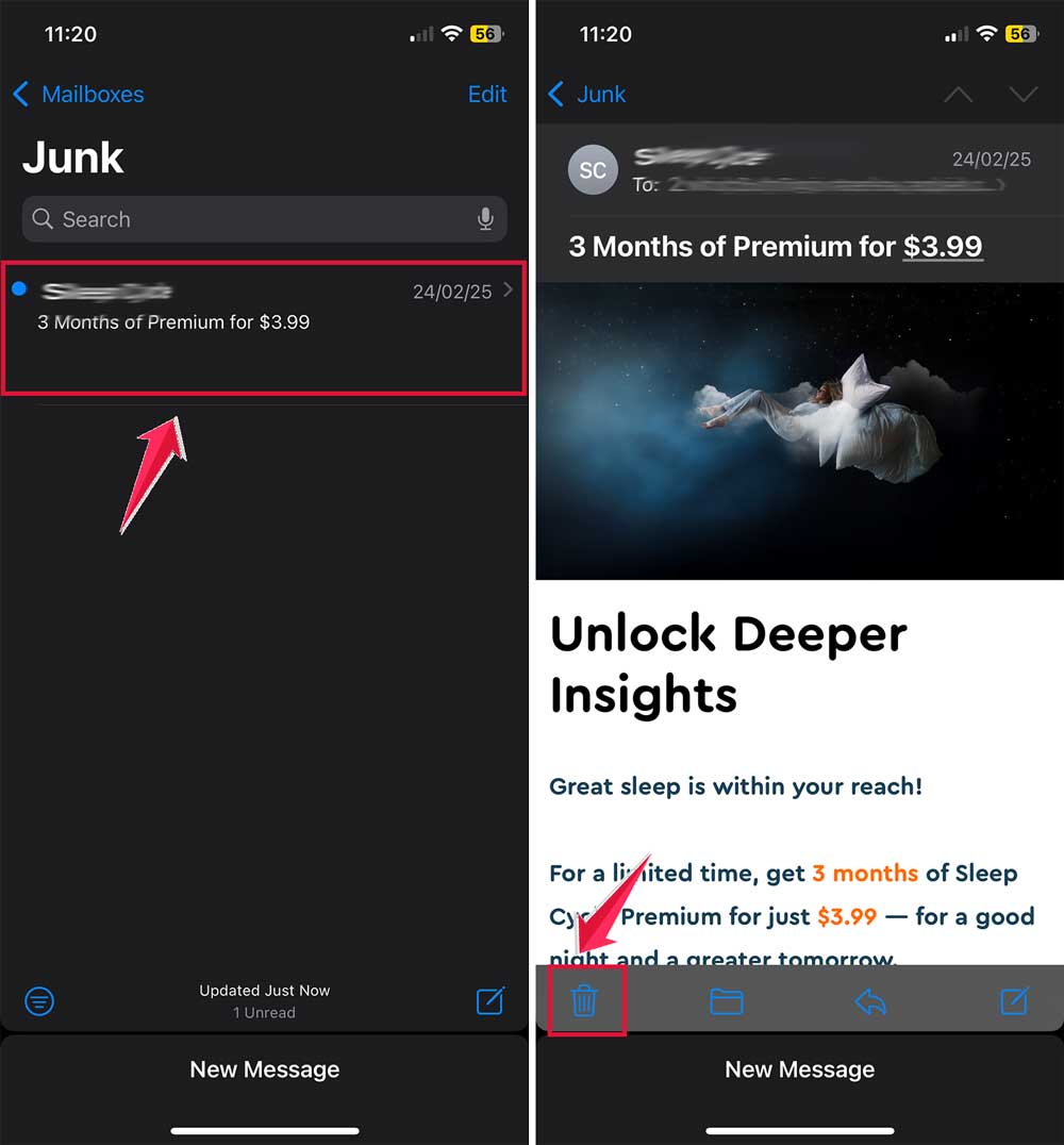 select the message then tap on trash button mail