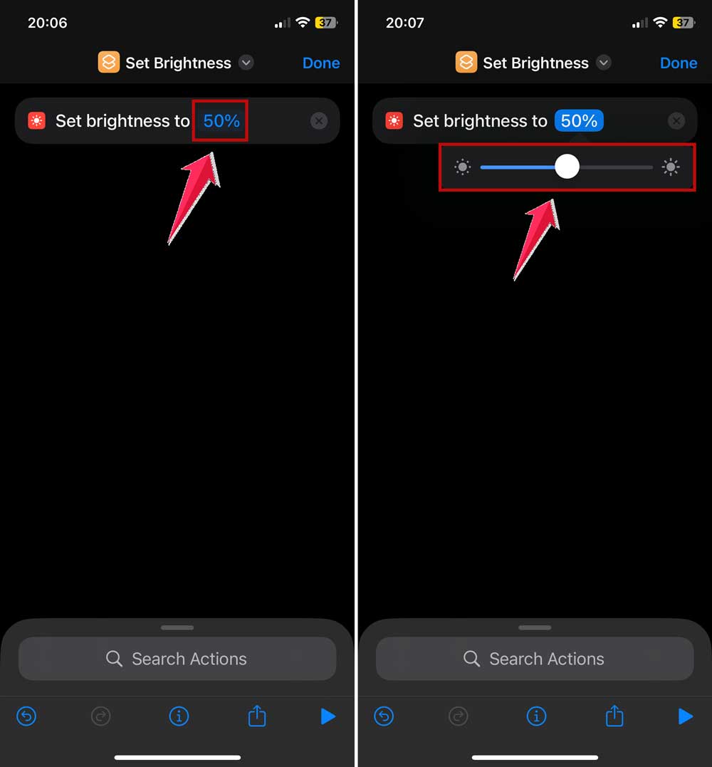 set brightness leel of shortcut in app in iphone
