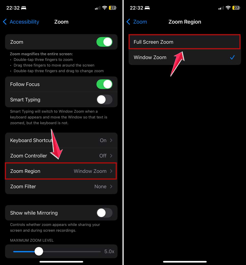 set the zoom region to full screen in zoom settings in iphone