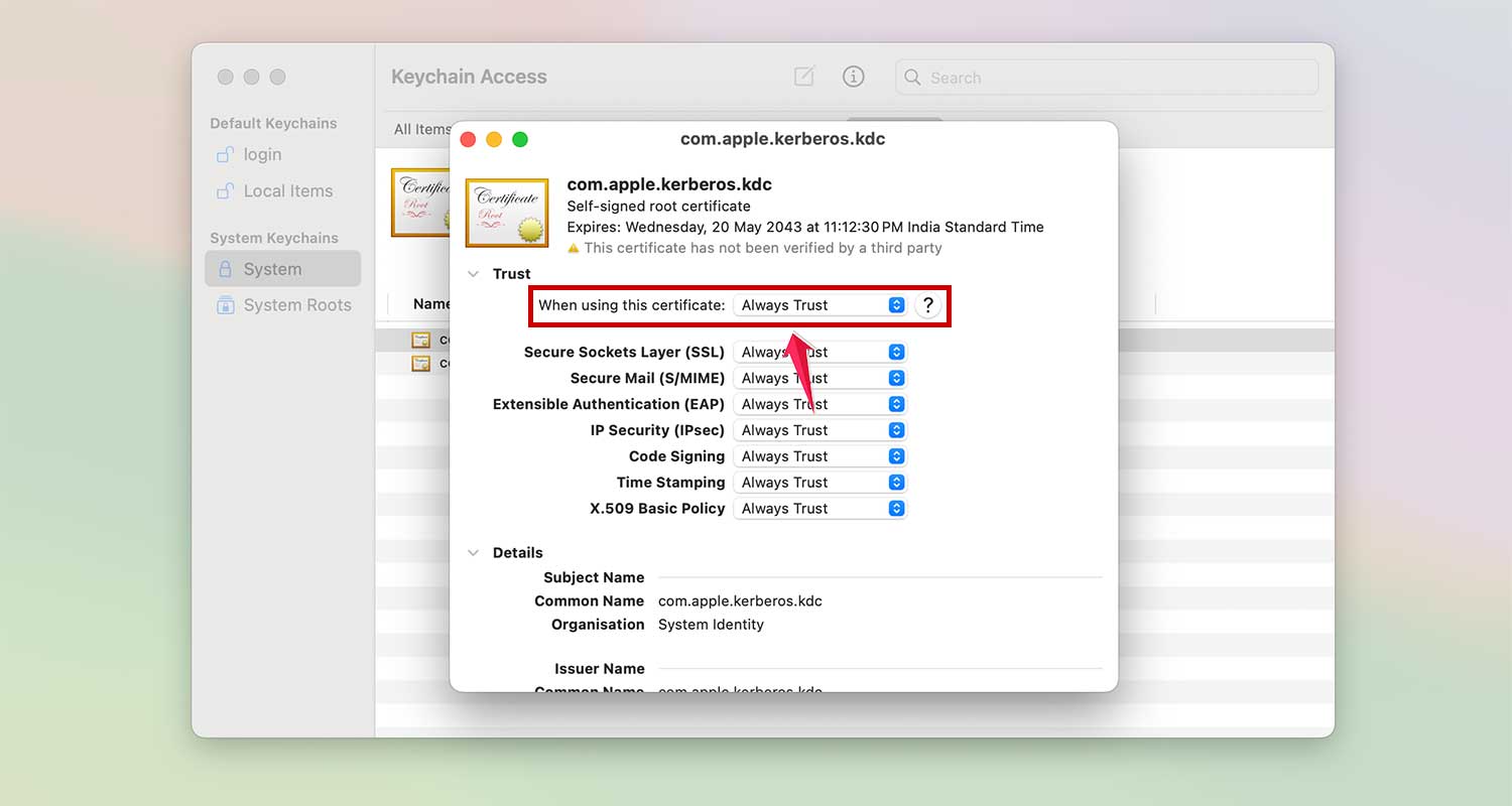 set when using this certificate on always trust in keychain access in mac xl