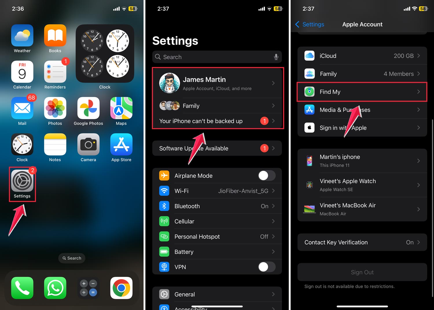 settings then choose apple id and click on the find my