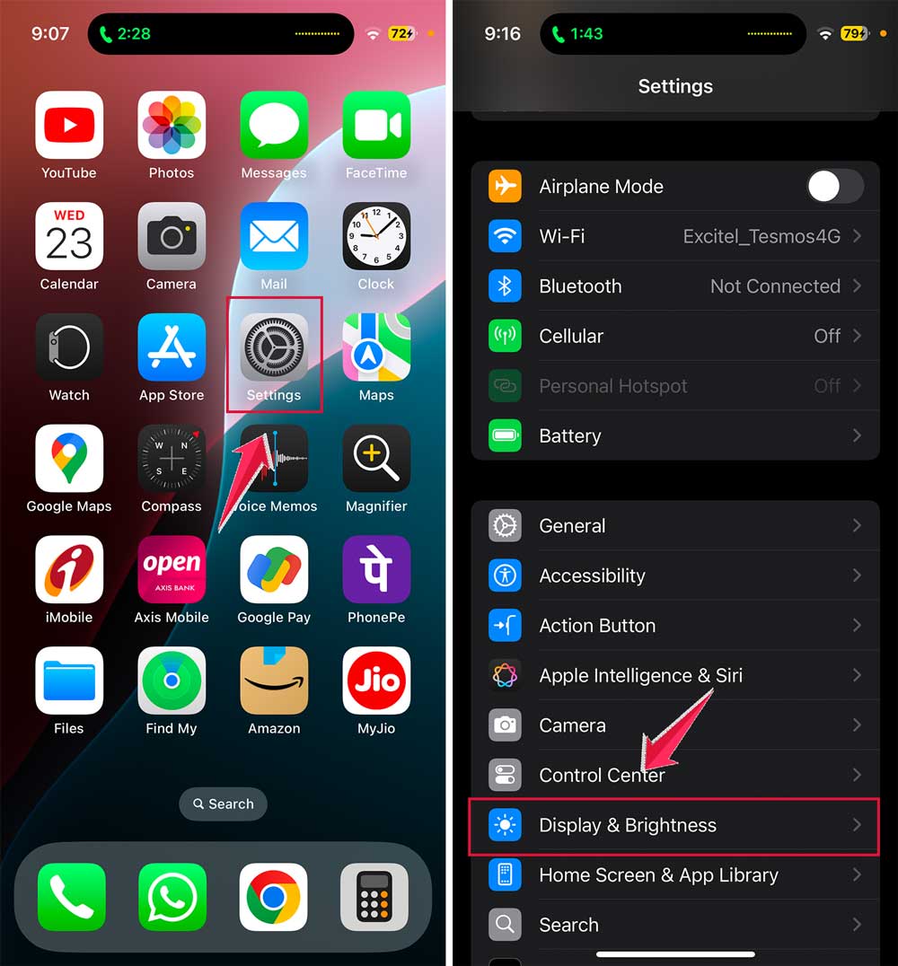 settings then click on display & brightness iphone 15