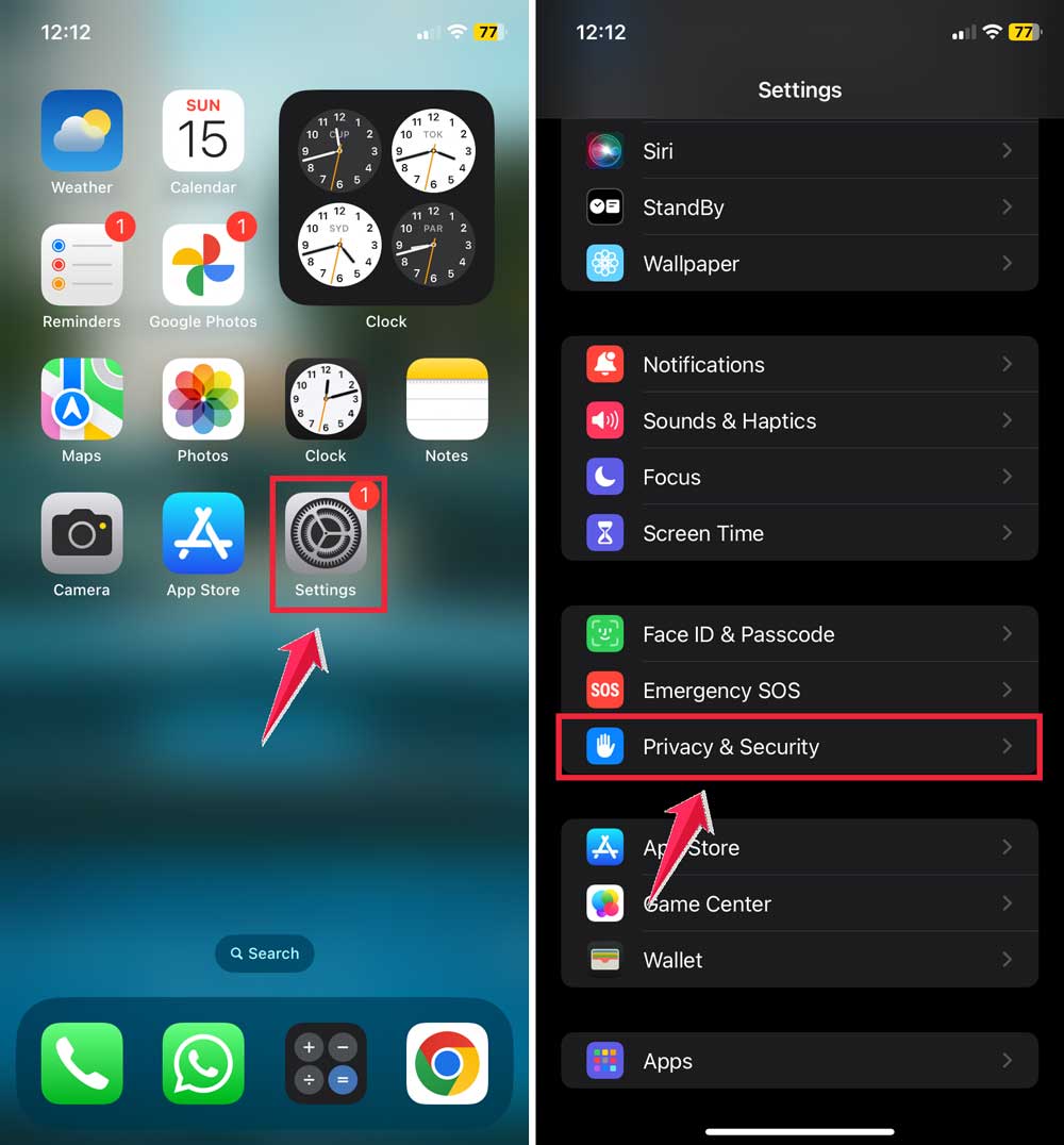 settings then click on privacy & security iphone settings