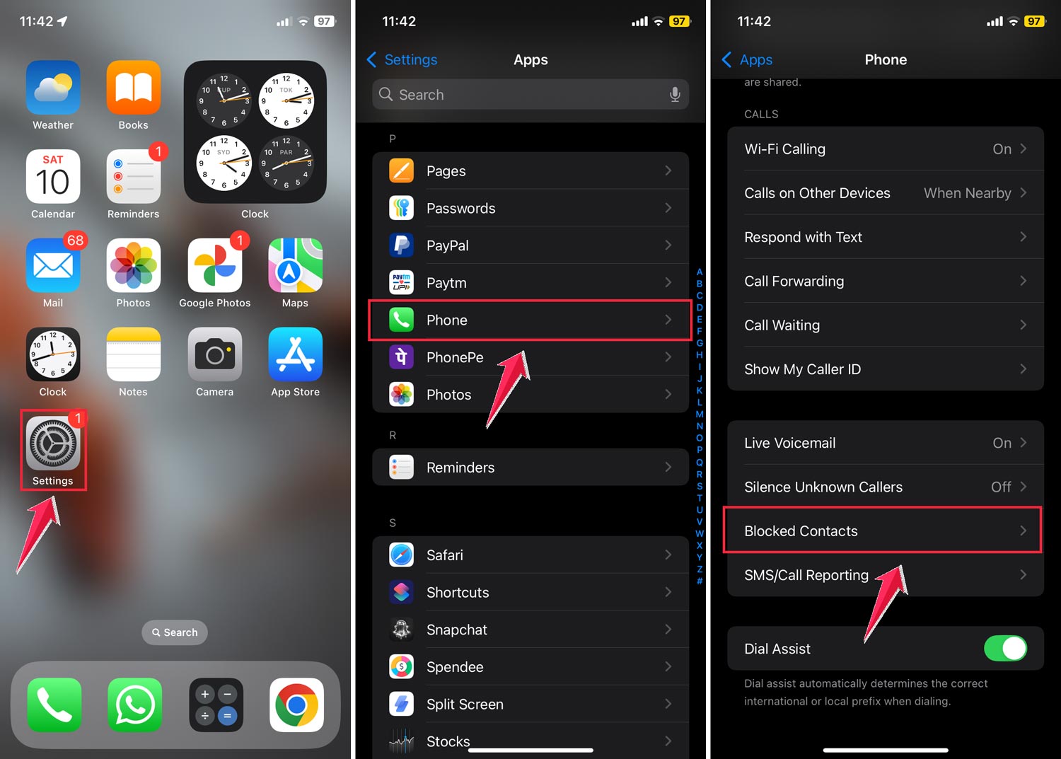 settings then select phone apps and tap block contacts