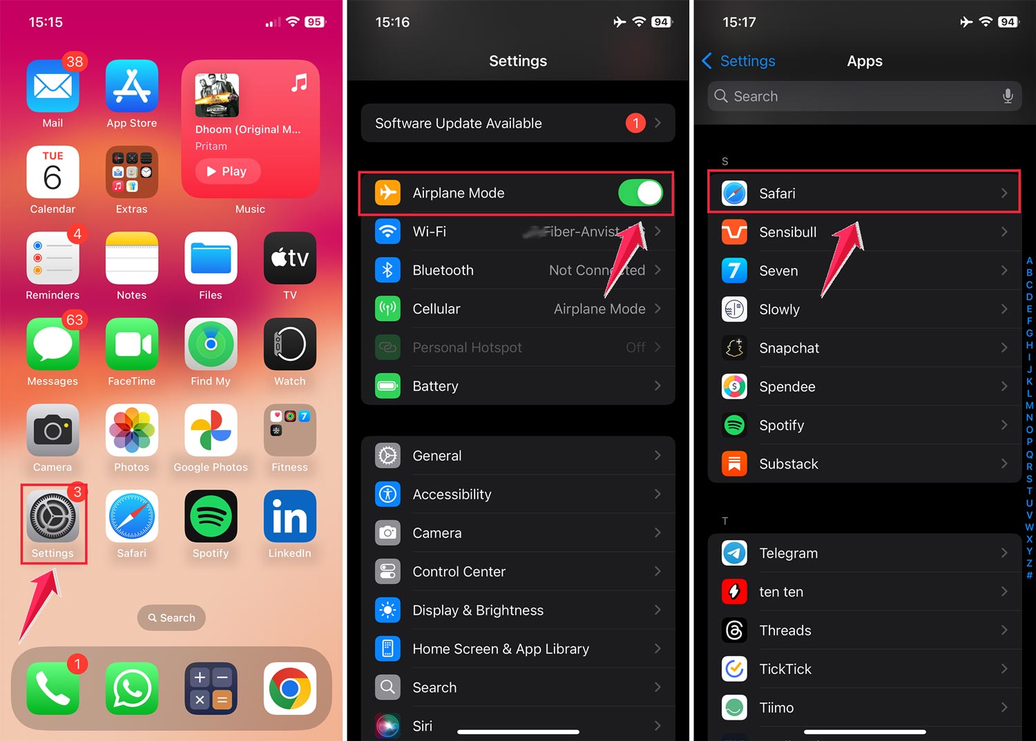 settings then turn on airplane mode and click on the safari