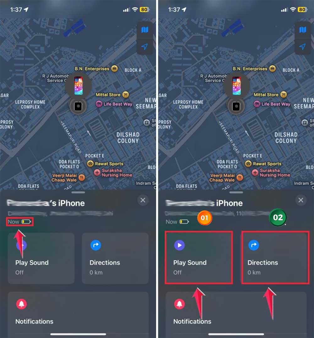 show the battery indicator then click on playsound or directions