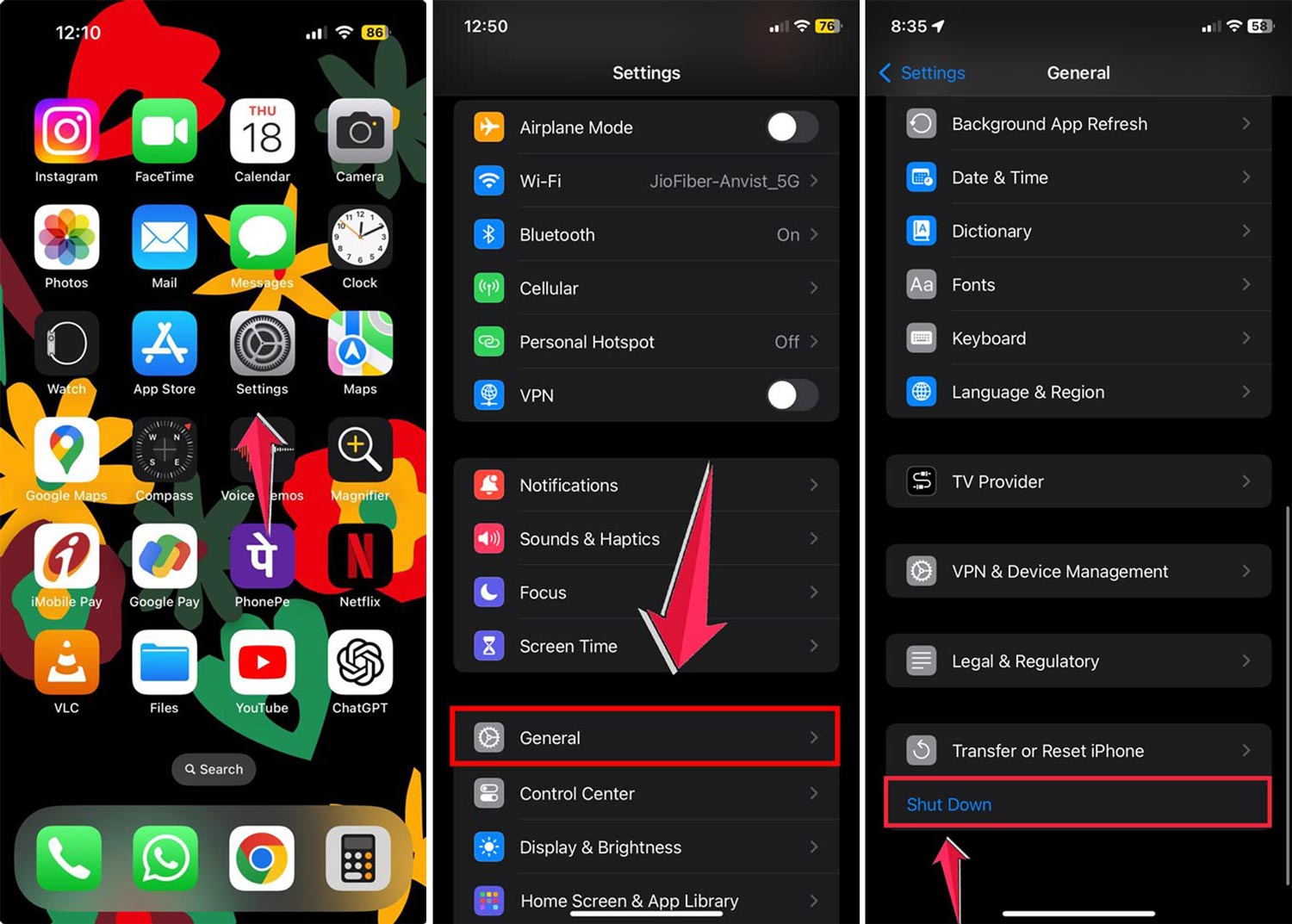 shutdown iphone settings