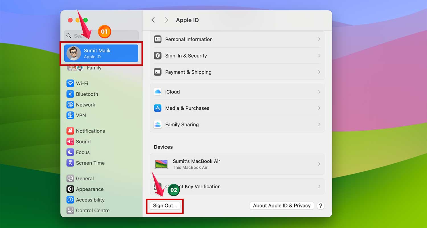 sign out from apple id in system settings in mac xl