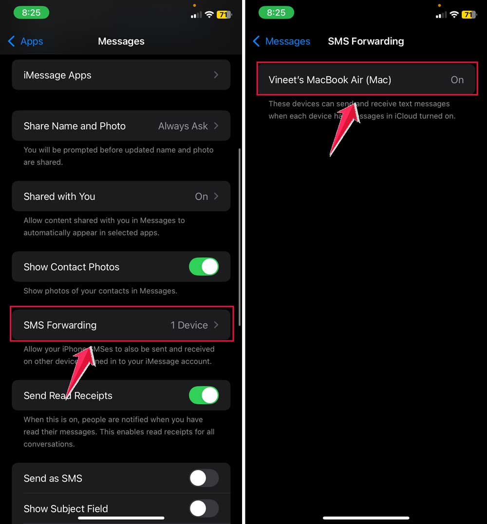 sms forwarding then switch on mackbook air