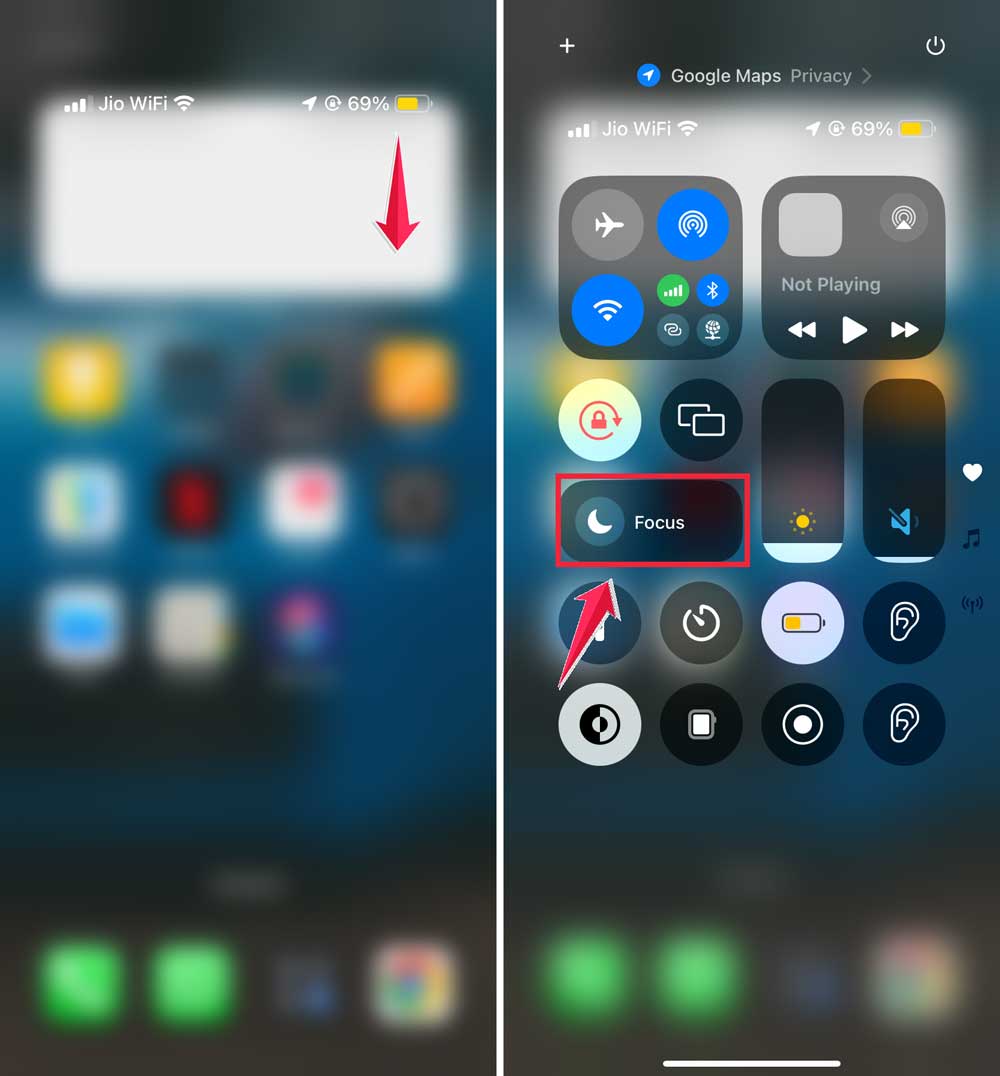 swipe down home screen then click on moon icon