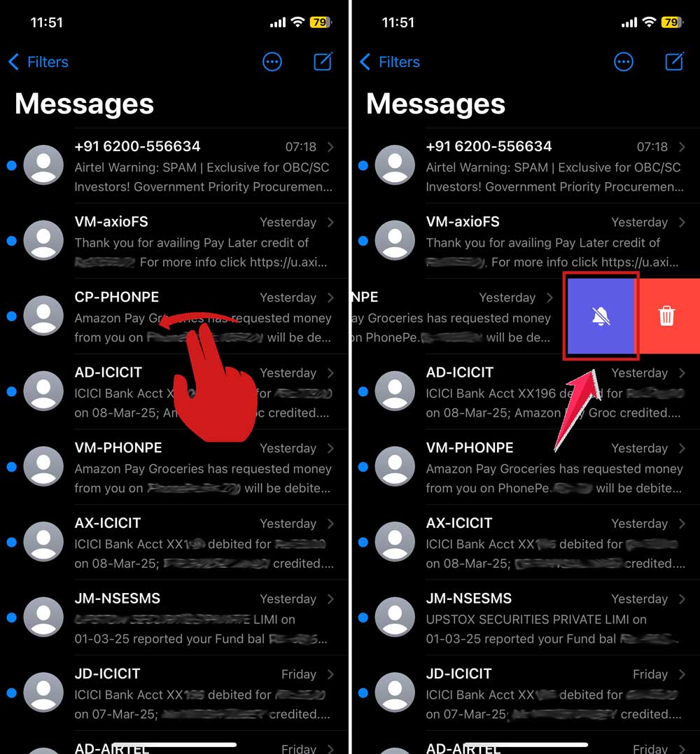 swipe left on an message and then click on hide alerts icon