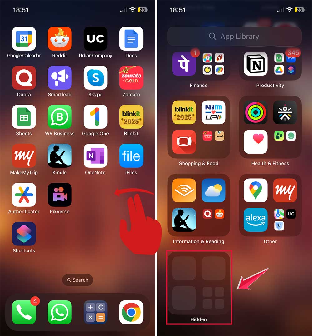 swipe left then click on hidden section