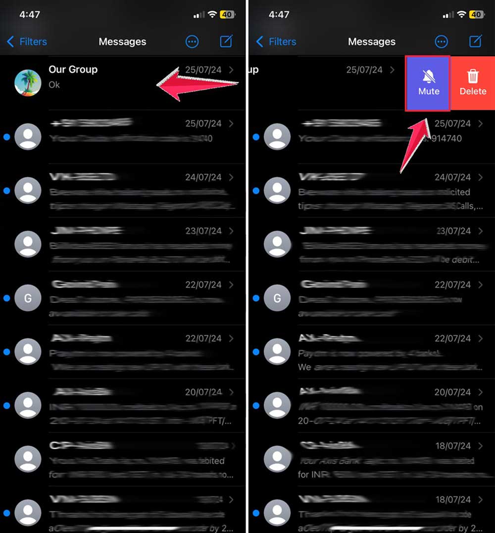 swipe left then tap on mute