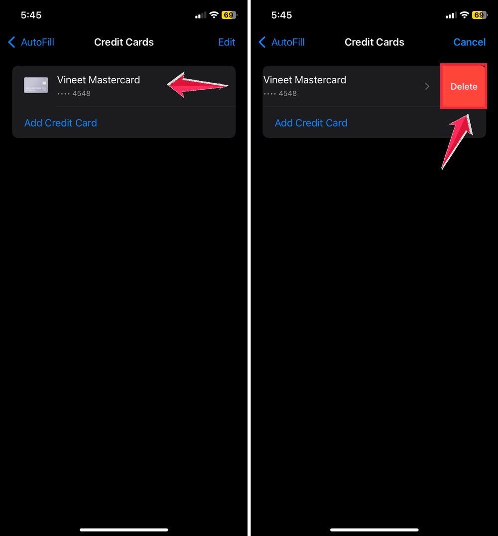 swipe left to delete credit card